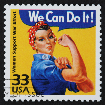 A postage stamp features a classic "We Can Do It!" image of a woman in a blue work shirt and red polka dot bandana flexing her arm. The government-issued stamp reads "Women Support War Effort," has a value of 33 cents, and is postmarked "DAY OF ISSUE.
