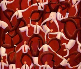 A surreal illustration featuring multiple figures in white shirts and brown pants. The figures are interconnected, their limbs forming intricate, tangled patterns on a red background. Some hold items like laptops and briefcases, symbolizing their quest to survive the complexities of modern career advice.