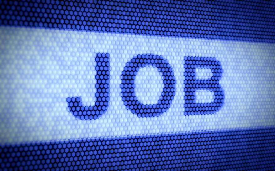 A digital display shows the word "JOB" in bold capital letters. The background, reminiscent of job boards, consists of numerous small blue dots, creating a pixelated effect. The overall color scheme is blue and white, giving the image a modern, tech-savvy appearance.
