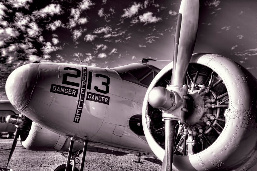 A black and white image shows the front of a vintage aircraft, prominently featuring one of its large propellers. The number "23" and the words "DANGER" are painted on the side of the engine, reminiscent of times when Federal Hiring practices were just evolving. Clouds fill the sky in the background.