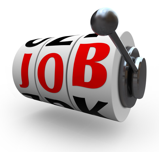 A slot machine with the word "JOB" displayed prominently in red letters on the reels, symbolizing job opportunities. The machine's metal lever is positioned to the right, inviting you to try your luck in the search for a new job.
