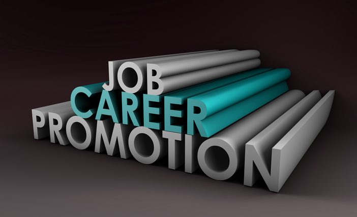 3D graphic image displaying the words "JOB," "CAREER," and "PROMOTION" stacked in ascending order. The word "CAREER" is highlighted in teal, signifying its importance, while the others are gray. A gradient of dark shades serves as the backdrop.