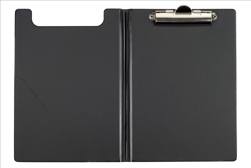 A black clipboard with a hinged cover is open, showing its flat interior. There is a metal clip at the top right for securing papers, perfect for holding a government resume, and the inner left side has a pocket for additional storage. The clipboard is positioned against a white background.