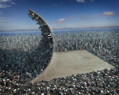 A surreal urban landscape features a city with densely packed skyscrapers. In the center, a massive section of the cityscape is curled upwards, creating a wave-like structure that reveals a vast, open, barren area hinting at potential for economic development. The sky is blue with scattered clouds.
