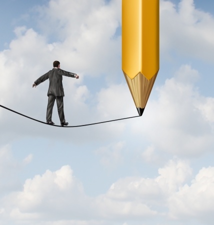 A man in a suit balances on a tightrope high in the sky, facing daunting performance challenges as he approaches a large yellow pencil positioned vertically at the end of the rope. The cloudy sky backdrop emphasizes the height and precariousness of the situation.