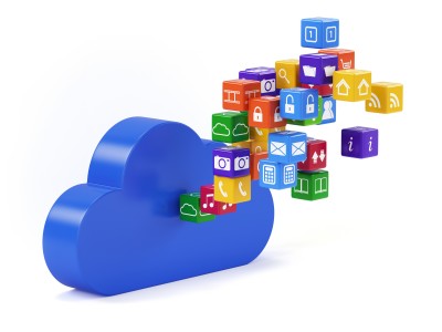 A blue cloud icon with colorful cubes emerging from it, each cube displaying different application icons, such as music notes, email, camera, gear, location pin, house, shopping cart, and more, symbolizing cloud storage and computing services for the public sector.