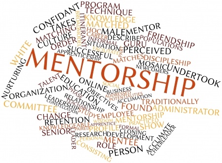 A word cloud centered around "MENTORSHIP" in large, bold font, with related terms radiating outwards. Words like "EDUCATION," "LEADERSHIP," "CONFIDANT," "FRIENDSHIP," "GUIDE," and "KNOWLEDGE" are prominently featured among others, highlighting the role of a mentor in these domains.