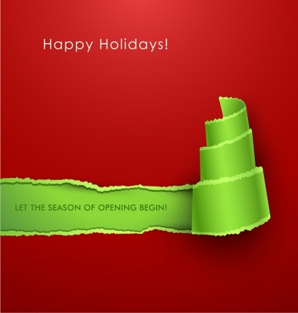 A holiday greeting card with a red background, white text at the top saying "Happy Holidays!", and a green ribbon in the process of being unrolled at the right side of the image. The exposed part of the ribbon reads "LET THE SEASON OF OPENING BEGIN!"—a message that even government officials would appreciate.