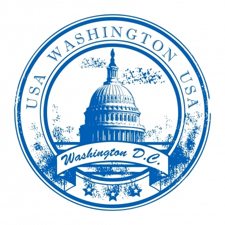 A blue circular stamp design featuring the U.S. Capitol building at the center. Surrounding the image are the words "USA WASHINGTON USA" along the outer edge. Below the Capitol is a ribbon that reads "Washington D.C." with star decorations at the bottom, symbolizing government pride.