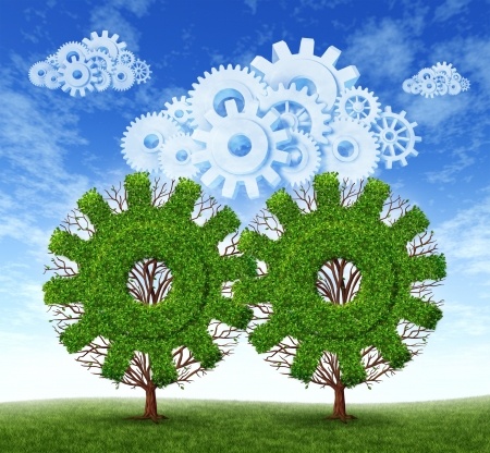 Illustration of two trees with green leaves trimmed into gear shapes, standing on a grassy field against a blue sky with white clouds. Above the trees, white gear shapes are blending into the clouds, symbolizing a connection between nature and technology—akin to the innovation seen in mobile job search advancements.