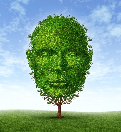 A tree with lush green leaves is artistically trimmed to form the shape of a human face, including features like eyes, nose, and mouth, symbolizing personal development against a background of blue sky with scattered clouds and green grass in the foreground.