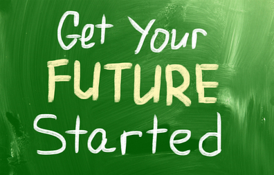 A green chalkboard with "Get Your FUTURE Started" written on it. The words "Get Your" and "Started" are in white chalk, while "FUTURE," highlighted in yellow, references the bright potential ahead.