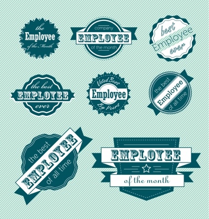 A grid of various green "Employee of the Month" badges and seals, each with unique shapes and designs, celebrating employee recognition. The background boasts diagonal stripes, and the badges highlight accolades like "Best Employee Ever" and "Voted Best Employee of the Year".