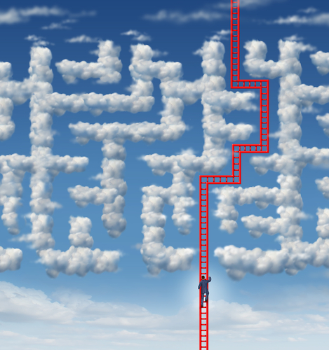 A person climbing a red ladder that ascends into a maze constructed from clouds in a blue sky. The maze has a complex path leading upward, symbolizing career development and an ascent through challenging situations.