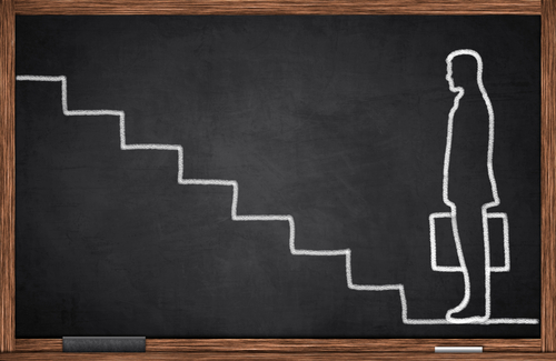 A chalk drawing on a blackboard depicts a person with a briefcase standing beside a series of ascending steps, symbolizing promotion. The wooden frame of the blackboard is visible around the edges, emphasizing the journey towards progress.
