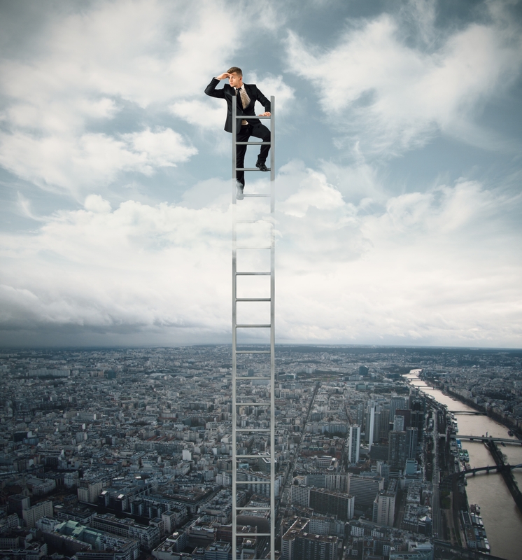 A man in a suit stands on top of a tall ladder extending high above a cityscape, peering into the distance with one hand shading his eyes. The scene evokes the sense of a job hunt, symbolizing great height and an expansive view of the buildings and river below.