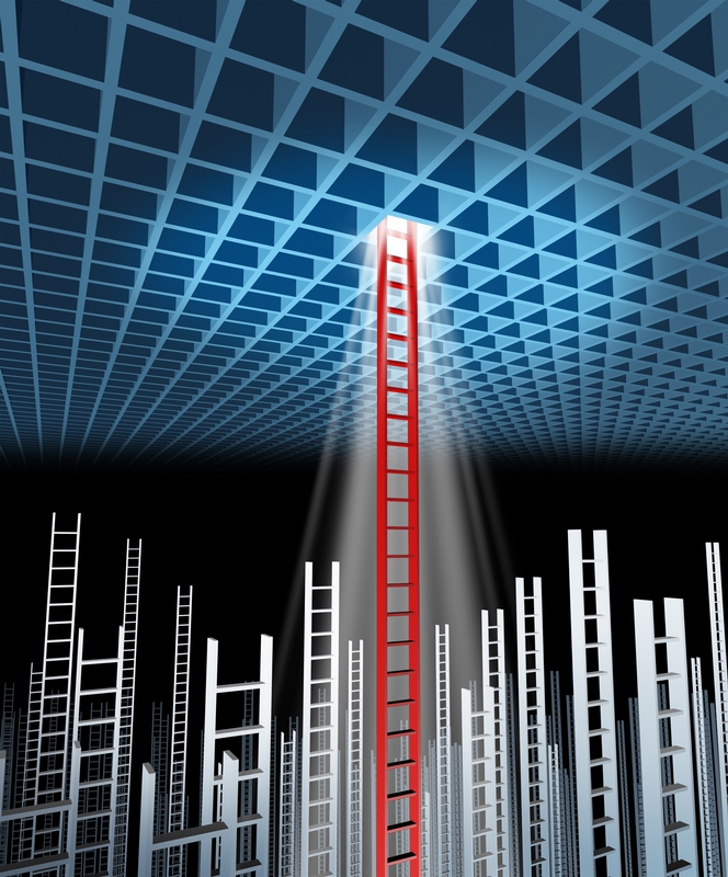 Illustration of numerous ladders extending towards a grid-patterned ceiling made of square openings. A single red ladder, symbolizing leadership, stands out, reaching and piercing through the ceiling, emitting bright light through the opening.