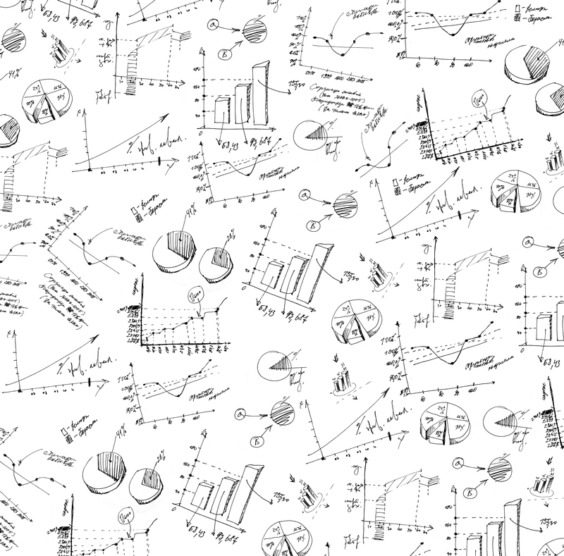 A seamless pattern featuring various hand-drawn graphs and charts. The illustrations include bar graphs, pie charts, line graphs, and scatter plots with labeled axes and data points. Mathematical and scientific notations are interspersed throughout the design, resembling intricate metadata.