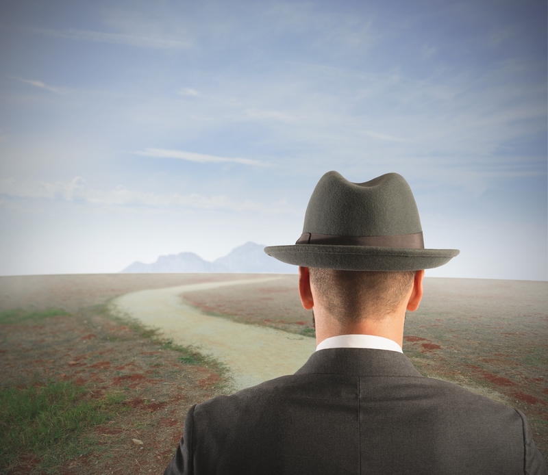 A man in a suit and hat stands facing a winding career path that stretches out into a barren landscape with sparse grass. The path leads toward distant mountains under a clear, blue sky.