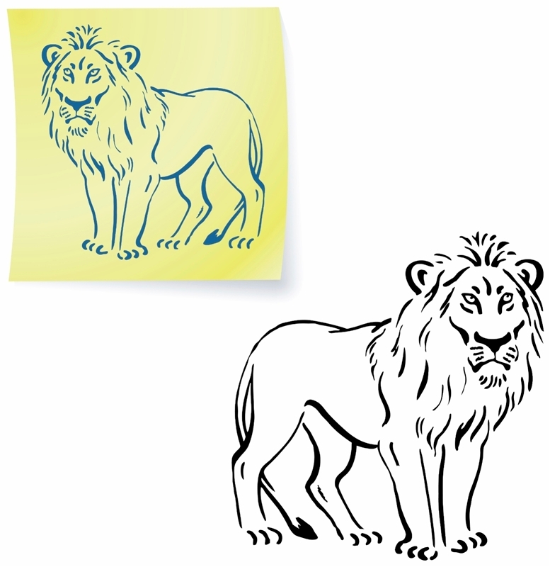 Illustration featuring two renders of a lion: one on a yellow sticky note in blue outline, and the other as a detailed black outline on a white background. Both lions stand facing forward, depicting strong postures and full manes, embodying the essence of courage.
