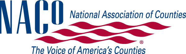 Logo of the National Association of Counties (NACo) featuring "NACo" in large blue letters on the left. To the right, "National Association of Counties" appears in blue, above five red wavy lines. Below the lines, it reads "The Voice of America's Counties.