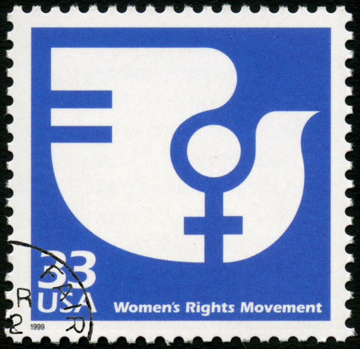 A postage stamp from 1999 featuring a blue and white design. The design incorporates a female gender symbol and an abstract bird shape, symbolizing gender equality. Text at the bottom reads "Women's Rights Movement." There is a partial postmark indicating RUZA 23.