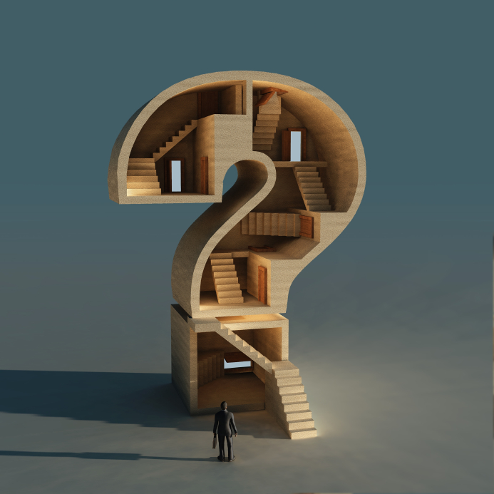 A person stands in front of a large building shaped like a question mark, symbolizing the enigmatic journey of their career. Inside, multiple staircases and doors hint at various paths one might take. The background is a muted blue, and the surreal structure casts a shadow on the ground.