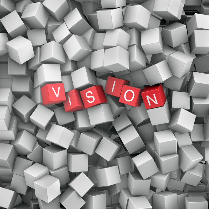 The image shows numerous white 3D cubes scattered, with five red cubes in the center spelling "VISION." The red cubes, symbolizing leaders, stand out prominently against the sea of white cubes.