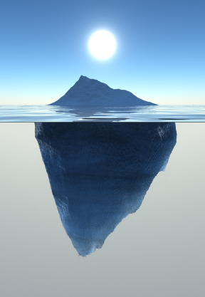 An iceberg with a visible portion above water and a much larger, hidden portion below the surface, under a clear blue sky with the sun shining brightly directly above it, symbolizes the unseen risks that lie beneath.