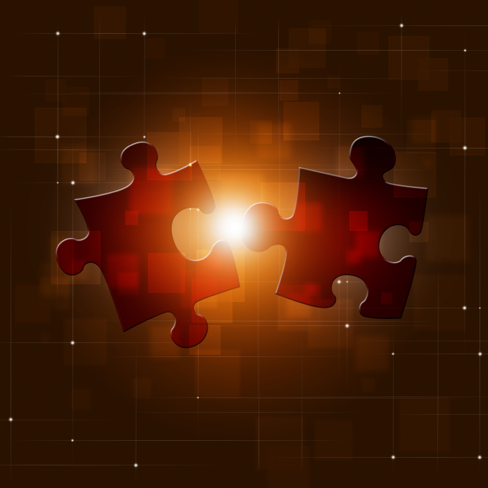 Two red jigsaw puzzle pieces are floating against a dark, abstract background with a glowing center and a grid-like pattern. The pieces are almost connected, symbolizing the support needed to complete or solve a puzzle or problem.