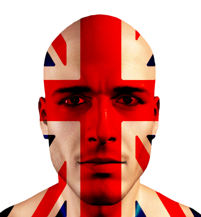 A bald man with a serious expression has the British flag painted across his face, covering his entire face in red, white, and blue, resembling an emblem of local government pride. The background is plain white.