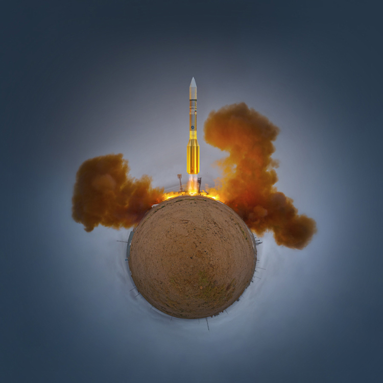 A stylized image of a rocket launching into the sky from a spherical representation of Earth. The ground appears as a tiny planet, with clouds of orange and brown smoke billowing from the rocket's engines, symbolizing the dramatic ascent of one's career against a dark blue background.