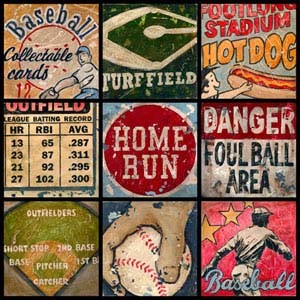 A collage of nine vintage baseball-themed images. Subjects include a baseball field, “Home Run” sign, various baseball statistics, collectible cards, a hot dog, a hand holding a baseball, and a warning about the foul ball area. Some graphics are worn and rustic. This nostalgic display is an opportunity to relive classic moments.