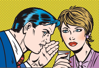 Pop art illustration of a man with blue-tinted black hair whispering management secrets into the ear of a blonde woman holding a glass. The background consists of a yellow polka dot pattern. The woman has a concerned expression and wears a purple shirt with matching earrings.