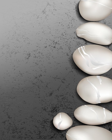 A team of smooth, white pebbles arranged in a gentle curve on the right side of a textured gray background. The pebbles vary in size and have subtle, milky-white streaks, creating a calming and minimalist composition.