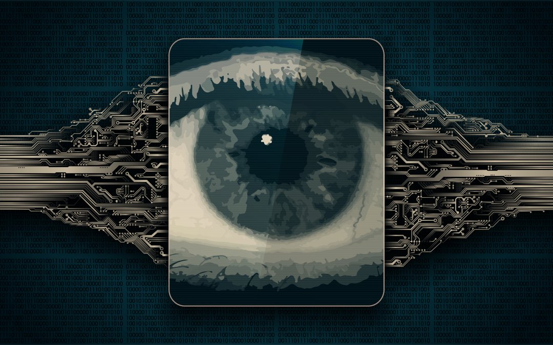 An image of a human eye is central to a digital design. The eye's iris appears realistic and detailed, surrounded by circuitry patterns extending outward. The background features binary code in blue, giving a sense of connectivity between technology and human vision.