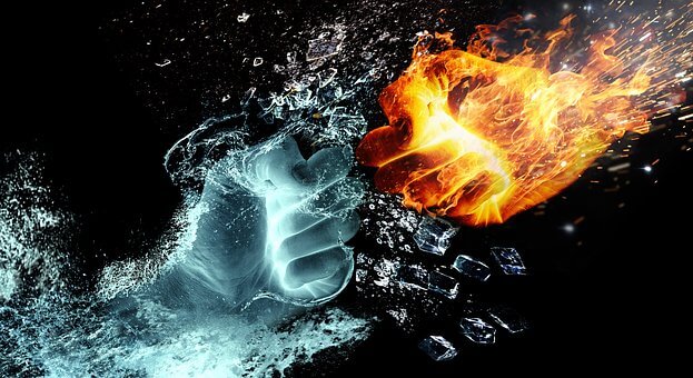 An illustration shows two fists about to collide: one made of ice with scattered water and ice particles, and the other made of fire with glowing flames. The contrasting elements of fire and ice highlight their extreme temperatures, all set against a dark background for dramatic effect.