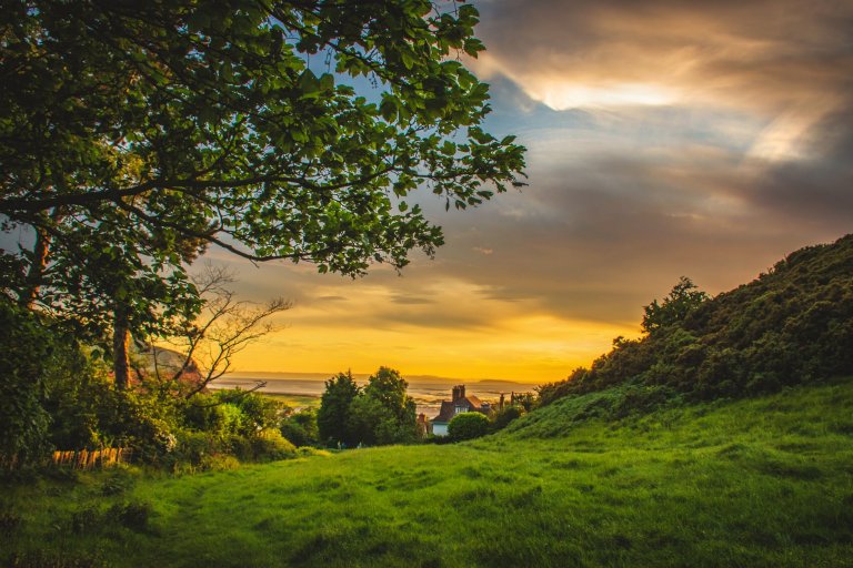 A serene landscape at sunset features a grassy field in the foreground, gently sloping downhill and surrounded by trees. In the distance, there's a house nestled among the greenery, with a golden sky and clouds illuminated by the setting sun.