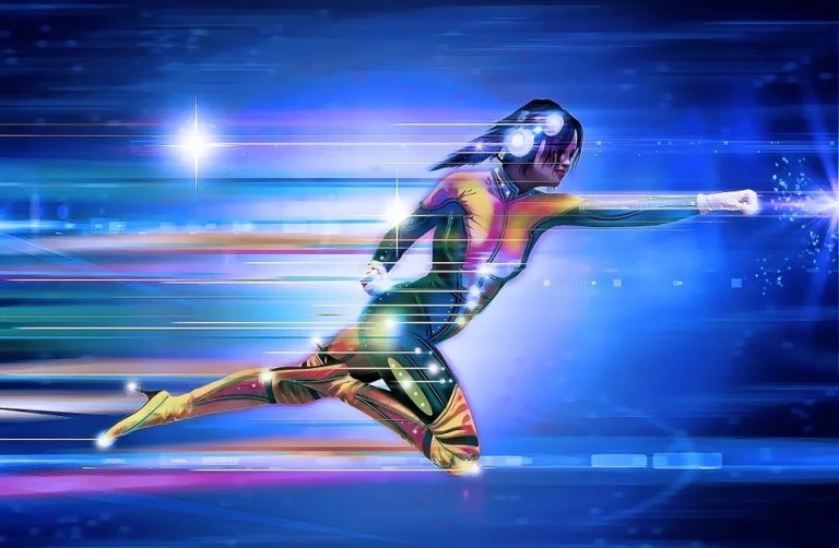 A superhero-like figure in a colorful, futuristic outfit is depicted in mid-flight against a bright, streaked blue background. The figure has an arm extended forward, suggesting high-speed movement, with light trails emphasizing their rapid motion—a symbol of agility and dynamism in the modern workplace.