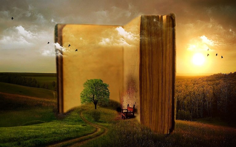 A surreal image depicting an open book standing upright in a grassy field at sunset. The book's pages, filled with imagined travels, show a winding path leading to a lone tree and a small, distant house. Birds are flying in the sky, blending the real landscape with the imaginative world inside the book.