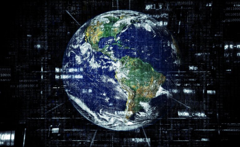 A digital representation of Earth against a dark background filled with lines of code and data streams. The continents are clearly visible with vibrant colors, while the surrounding space is filled with abstract, technological elements suggesting a global digital network, highlighting the vast realm of IT jobs.