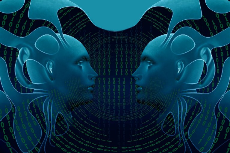 A digital illustration features two futuristic human-like blue heads facing each other against a backdrop of binary code. Abstract and organic shapes, symbolizing the ego, emanate from the heads, creating a symmetrical, mirrored effect. The overall aesthetic is technological and surreal.