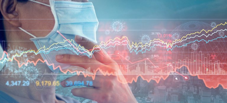 A person wearing a face mask is seen with an overlay of financial graphs and stock market data. COVID-19 virus illustrations are dispersed throughout, indicating the impact of the pandemic on financial markets and Government Jobs. Various colorful lines and bar charts represent fluctuating trends.