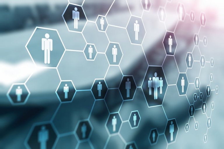 A digital representation of interconnected hexagonal cells, each containing human icons, symbolizes a social network or HR communication structure. The background features blurred blue and white tones, enhancing the interconnected theme.