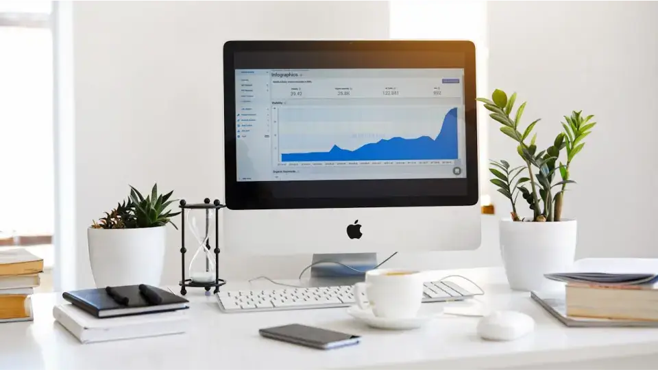A desktop computer displaying a graph is set on a white desk. The setup includes potted plants, books, a keyboard, mouse, smartphone, a cup of coffee, and decorative scales. Natural light streams in from the window, illuminating the workspace.